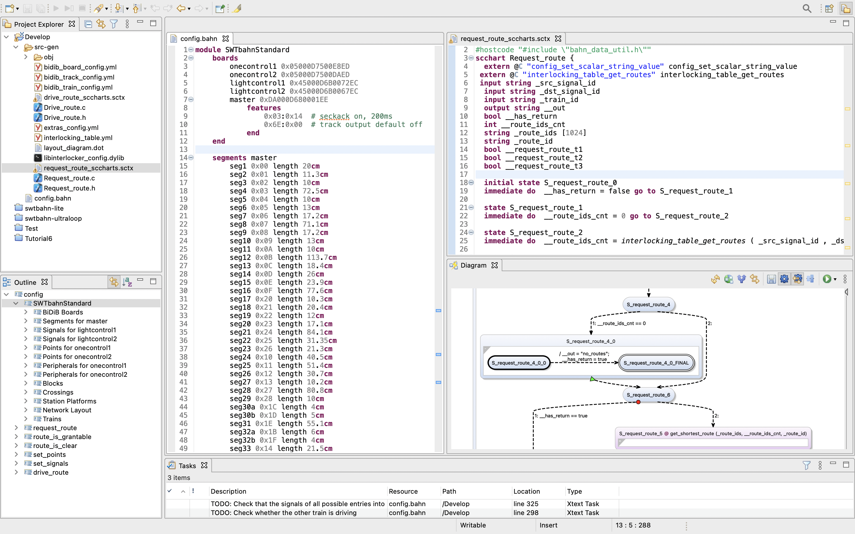 BahnIDE showing a BahnDSL railway configuration, generated SCCharts source, and a visual state diagram